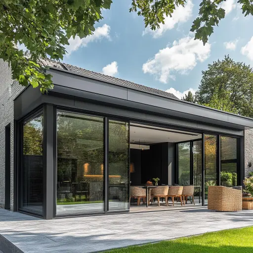 Véranda contemporaine noire ouvrant sur le jardin – pose à Louvres (95)